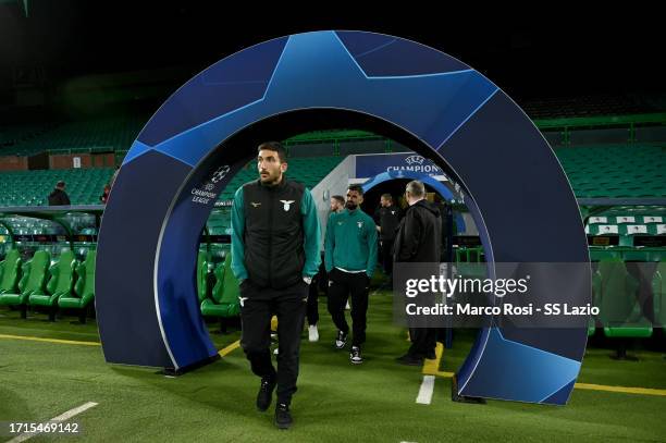 Danilo Cataldi of SS Lazio during the walk around at Celtic Park Stadium on October 03, 2023 in Glasgow, Scotland.