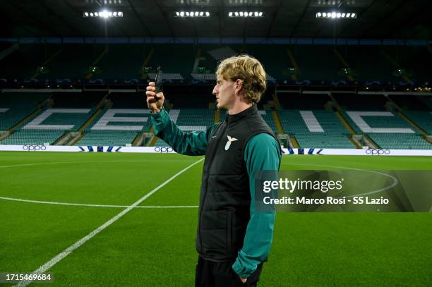 Nicolò Rovella of SS Lazio during the walk around at Celtic Park Stadium on October 03, 2023 in Glasgow, Scotland.