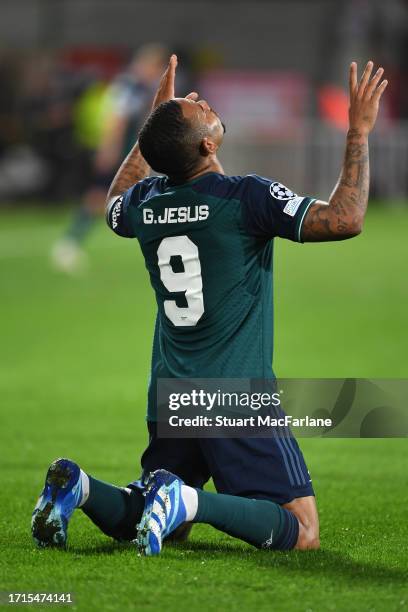 Gabriel Jesus of Arsenal celebrates after scoring their sides first goal during the UEFA Champions League match between RC Lens and Arsenal FC at...