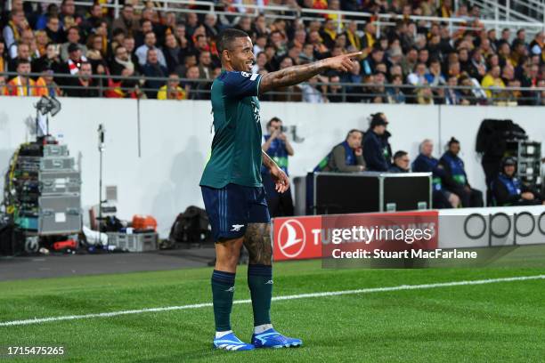 Gabriel Jesus of Arsenal celebrates after scoring the team's first goal during the UEFA Champions League match between RC Lens and Arsenal FC at...