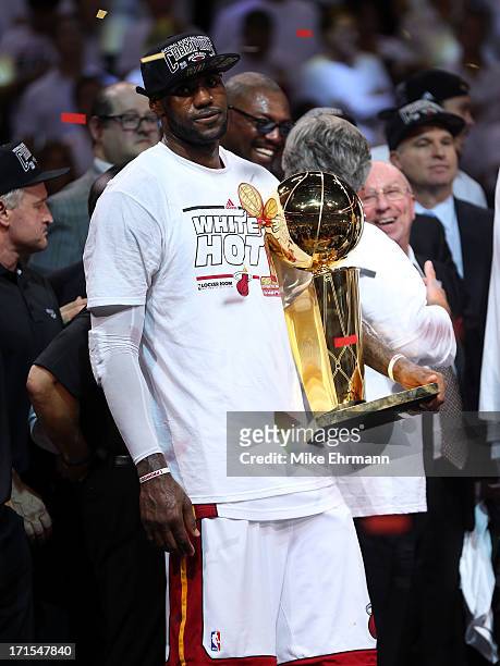 LeBron James of the Miami Heat celebrates after defeating the San Antonio Spurs 95-88 to win Game Seven of the 2013 NBA Finals at AmericanAirlines...