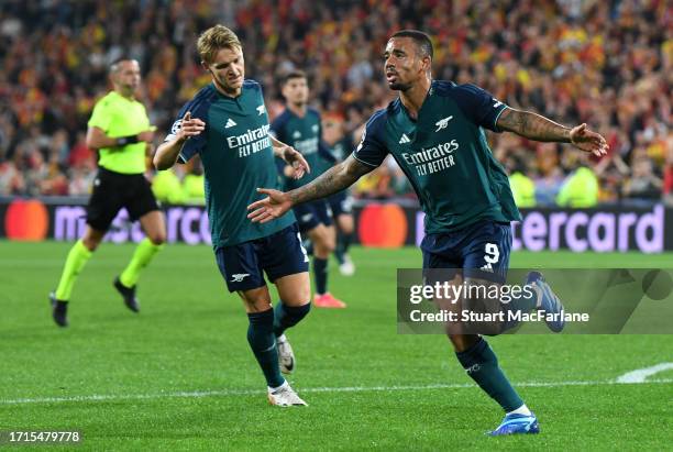 Gabriel Jesus of Arsenal celebrates after scoring the team's first goal during the UEFA Champions League match between RC Lens and Arsenal FC at...