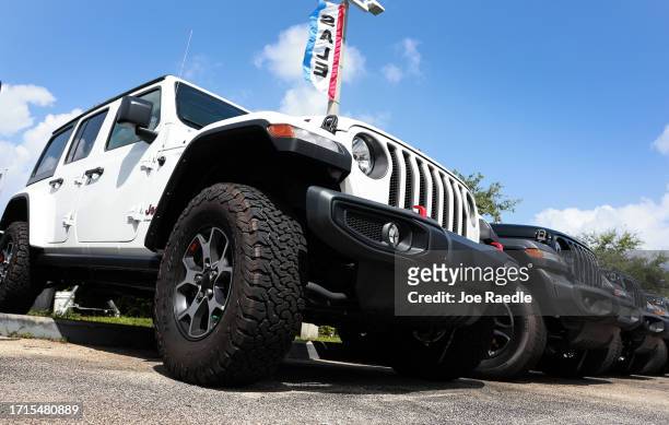 New Jeep vehicles sit on a Dodge Chrysler-Jeep Ram dealership's lot on October 03, 2023 in Miami, Florida. U.S. Automakers show a rise in sales in...