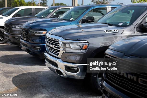 New Ram vehicles sit on a Dodge Chrysler-Jeep Ram dealership's lot on October 03, 2023 in Miami, Florida. U.S. Automakers show a rise in sales in the...