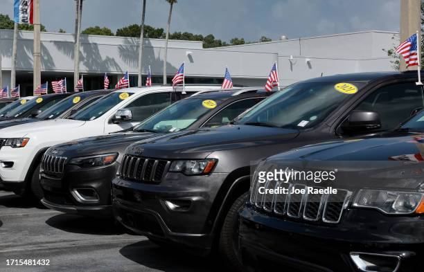 New Jeep vehicles sit on a Dodge Chrysler-Jeep Ram dealership's lot on October 03, 2023 in Miami, Florida. U.S. Automakers show a rise in sales in...