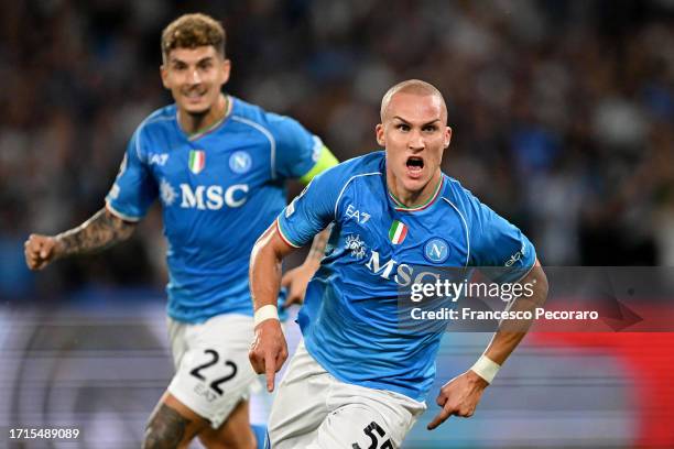 Leo Ostigaard of Napoli celebrates after scoring the team's first goal during the UEFA Champions League match between SSC Napoli and Real Madrid CF...