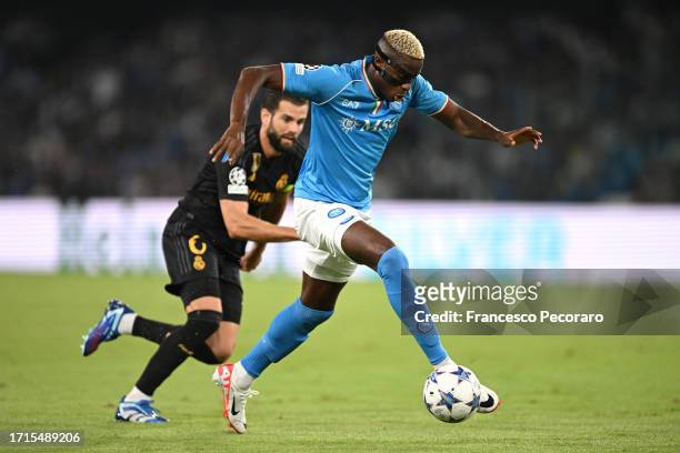 Victor Osimhen of Napoli controls the ball during the UEFA Champions League match between SSC Napoli and Real Madrid CF at Stadio Diego Armando...