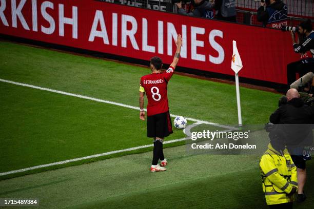 Bruno Fernandes of Manchester United takes a corner during the UEFA Champions League match between Manchester United and Galatasaray A.S. At Old...