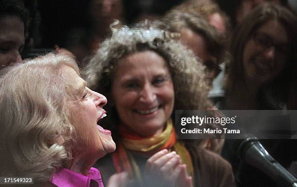 Defense of Marriage Act plaintiff Edith "Edie" Windsor celebrates with supporters in Manhattan following the U.S. Supreme Court ruling on DOMA on...