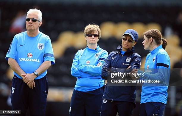 England manager Hope Powell looks on during the Women's International match between England and Japan at the Pirelli Stadium on June 26, 2013 in...