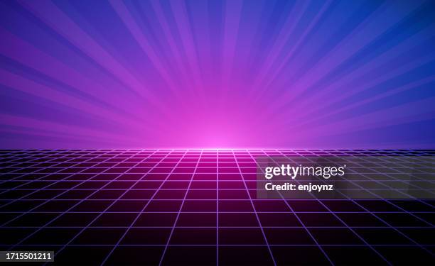 retro purple vapor-wave horizon grid background - 90s wallpaper border stock illustrations