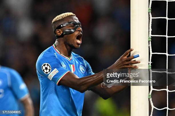Victor Osimhen of Napoli reacts during the UEFA Champions League match between SSC Napoli and Real Madrid CF at Stadio Diego Armando Maradona on...