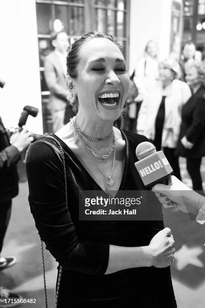Myleene Klass is interviewed by Hello! Magazine during the Stephen Sondheim's "Old Friends" Opening Night at Gielgud Theatre on October 03, 2023 in...