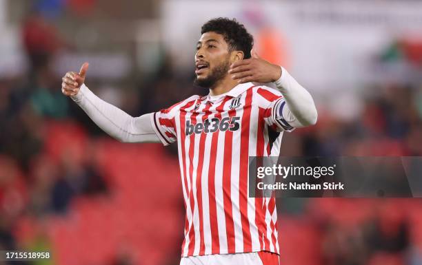 Josh Laurent of Stoke City gestures during the Sky Bet Championship match between Stoke City and Southampton FC at Bet365 Stadium on October 03, 2023...