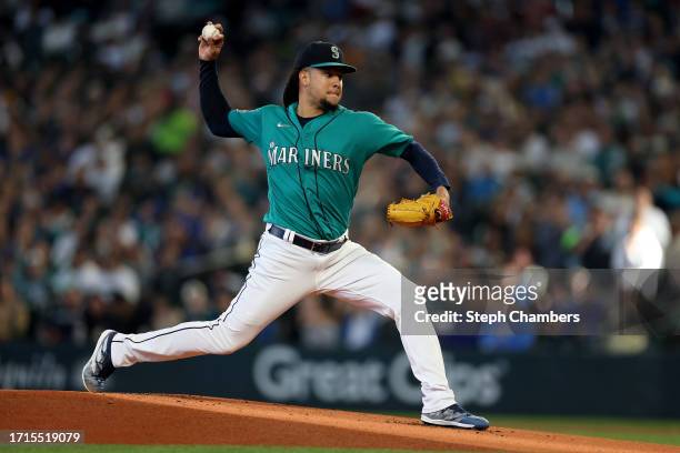 Luis Castillo of the Seattle Mariners pitches during the first inning against the Texas Rangers at T-Mobile Park on September 30, 2023 in Seattle,...