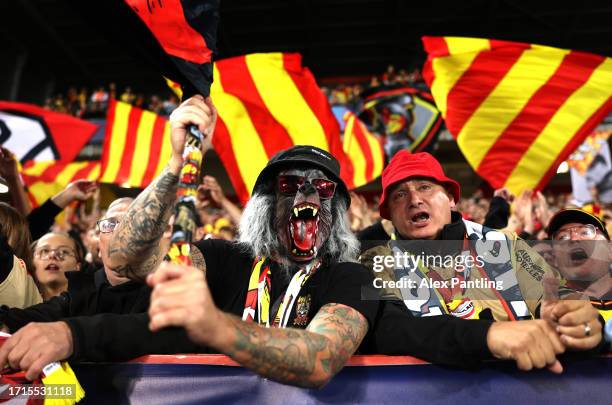 Fan wearing a mask during the UEFA Champions League match between RC Lens and Arsenal FC at Stade Bollaert-Delelis on October 03, 2023 in Lens,...