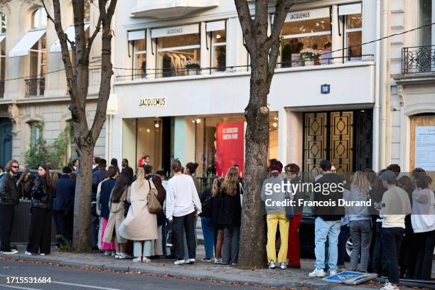 Fans are seen outside the Jacquemus Montaigne store during the "Jacquemus X Martin Parr" book signing as part of Paris Fashion Week at Jacquemus...