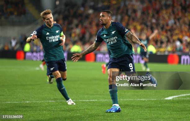 Gabriel Jesus of Arsenal scores his sides first goal during the UEFA Champions League match between RC Lens and Arsenal FC at Stade Bollaert-Delelis...