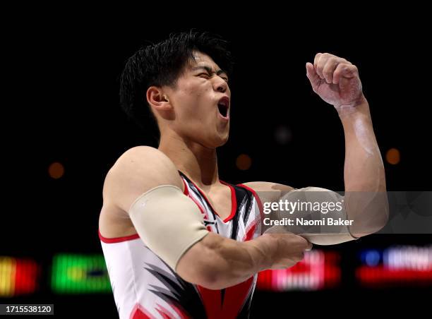 Daiki Hashimoto of Team Japan reacts after competing on the Parallel Bars during the Men's Team Final on Day Four of the 2023 Artistic Gymnastics...