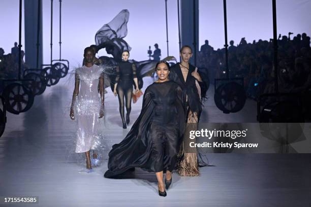 Angela Bassett walks the runway with models during the Mugler Womenswear Spring/Summer 2024 show as part of Paris Fashion Week on October 02, 2023 in...