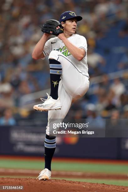 Tyler Glasnow of the Tampa Bay Rays pitches in the second inning against the Texas Rangers during Game One of the Wild Card Series at Tropicana Field...
