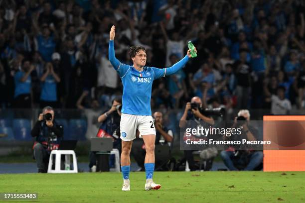 Piotr Zielinski of Napoli celebrates after scoring the team's second goal from a penalty during the UEFA Champions League match between SSC Napoli...