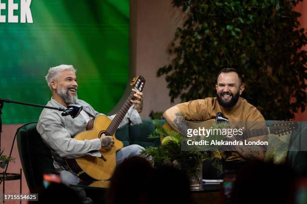 Pedro Capó and Carin León create a song live onstage during the 2023 Billboard Latin Music Week at Faena Forum on October 03, 2023 in Miami Beach,...
