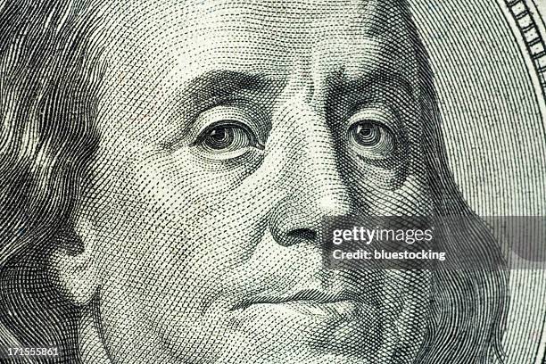 closeup portrait of benjamin franklin on hundred dollar bill - franklin tennessee stockfoto's en -beelden