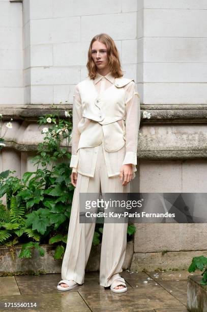 Model poses backstage prior to the Ujoh Womenswear Spring/Summer 2024 show as part of Paris Fashion Week on October 03, 2023 in Paris, France.