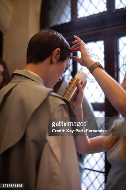 Model prepares backstage prior to the Ujoh Womenswear Spring/Summer 2024 show as part of Paris Fashion Week on October 03, 2023 in Paris, France.