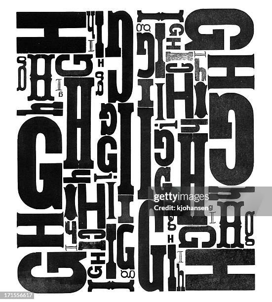 grunge wood type letters g h i - letterpress stock pictures, royalty-free photos & images