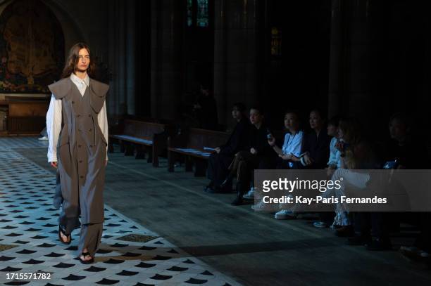 Model rehearses prior to the Ujoh Womenswear Spring/Summer 2024 show as part of Paris Fashion Week on October 03, 2023 in Paris, France.