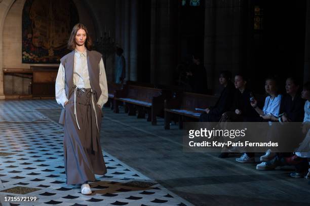 Model rehearses prior to the Ujoh Womenswear Spring/Summer 2024 show as part of Paris Fashion Week on October 03, 2023 in Paris, France.