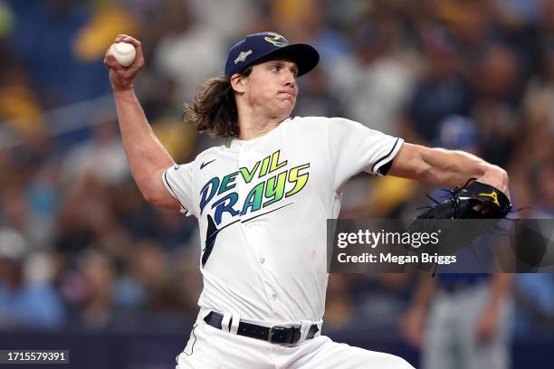 Tyler Glasnow of the Tampa Bay Rays pitches in the fifth inning against the Texas Rangers during Game One of the Wild Card Series at Tropicana Field...