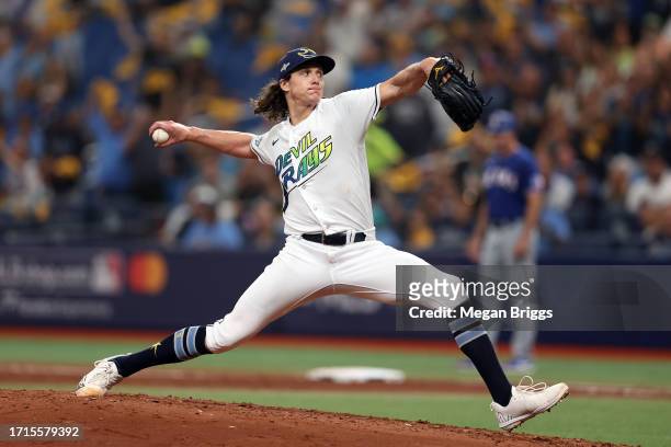 Tyler Glasnow of the Tampa Bay Rays pitches in the fifth inning against the Texas Rangers during Game One of the Wild Card Series at Tropicana Field...