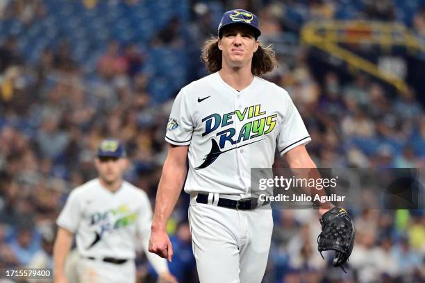 Tyler Glasnow of the Tampa Bay Rays reacts in the fifth inning against the Texas Rangers during Game One of the Wild Card Series at Tropicana Field...