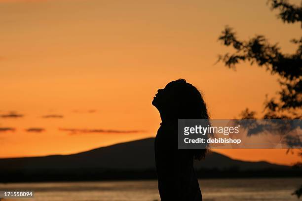 silhouette of girl praying at sunrise - black woman praying stock pictures, royalty-free photos & images