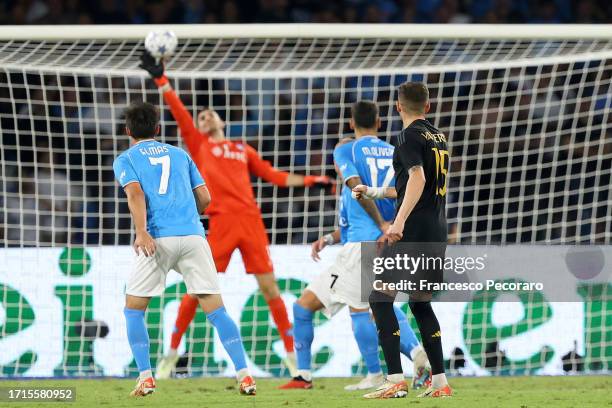 Alex Meret of Napoli scores an own goal and Real Madrid's third goal during the UEFA Champions League match between SSC Napoli and Real Madrid CF at...