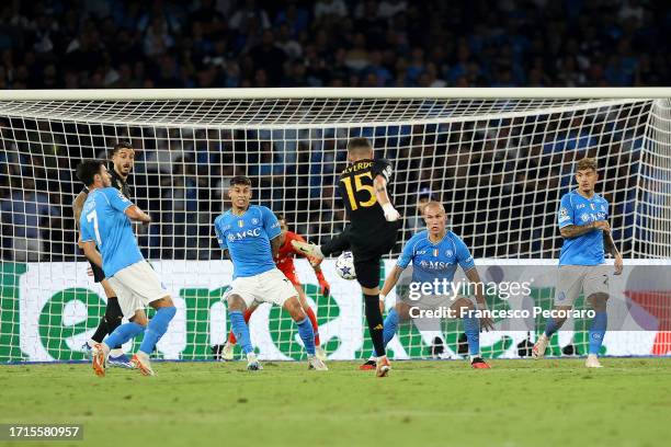 Alex Meret of Napoli scores an own goal and Real Madrid's third goal during the UEFA Champions League match between SSC Napoli and Real Madrid CF at...