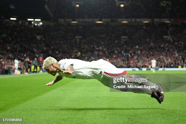 Mauro Icardi of Galatasaray S.k celebrates after scoring the team's third goal during the UEFA Champions League match between Manchester United and...