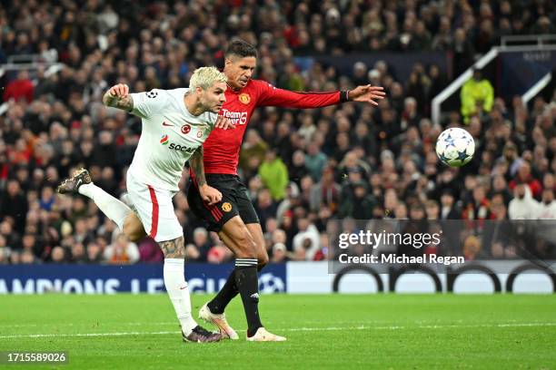 Mauro Icardi of Galatasaray S.k scores the team's third goal during the UEFA Champions League match between Manchester United and Galatasaray A.S at...