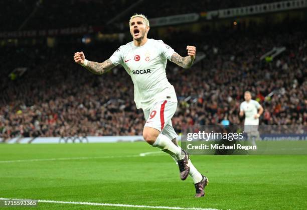 Mauro Icardi of Galatasaray S.k celebrates after scoring the team's third goal during the UEFA Champions League match between Manchester United and...