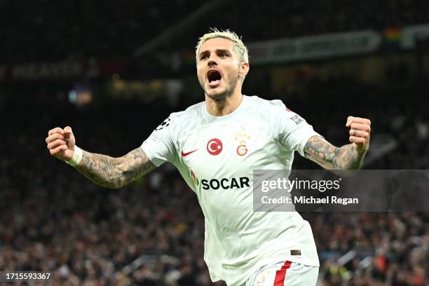 Mauro Icardi of Galatasaray S.k celebrates after scoring the team's third goal during the UEFA Champions League match between Manchester United and...