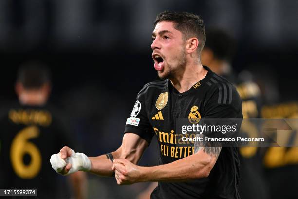 Federico Valverde of Real Madrid celebrates after Alex Meret of Napoli scores an own goal and Real Madrid's third goal during the UEFA Champions...