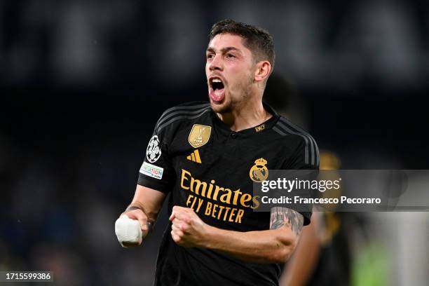 Federico Valverde of Real Madrid celebrates after Alex Meret of Napoli scores an own goal and Real Madrid's third goal during the UEFA Champions...