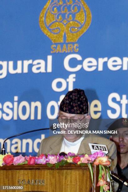 Nepalese Prime Minister and current Chairman of the South Asian Association for Regional Cooperation Surya Bahadur Thapa delivers his speech during...