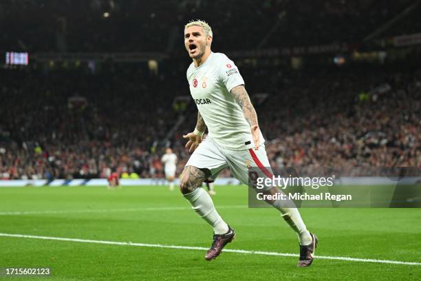 Mauro Icardi of Galatasaray S.k celebrates after scoring the team's third goal during the UEFA Champions League match between Manchester United and...