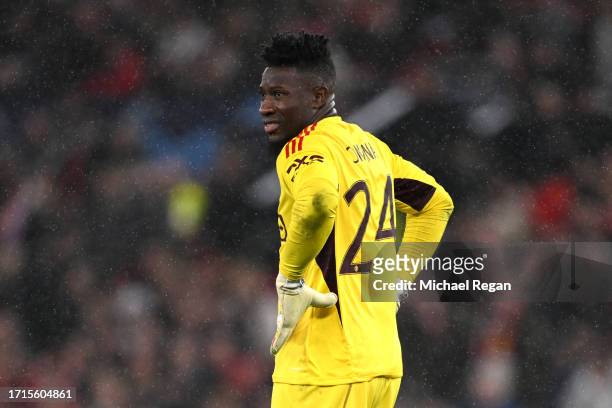 Andre Onana of Manchester United looks dejected during the UEFA Champions League match between Manchester United and Galatasaray A.S at Old Trafford...