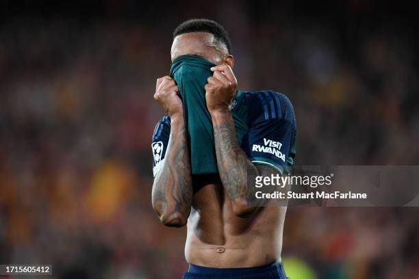 Gabriel of Arsenal looks dejected following the team's defeat during the UEFA Champions League match between RC Lens and Arsenal FC at Stade...