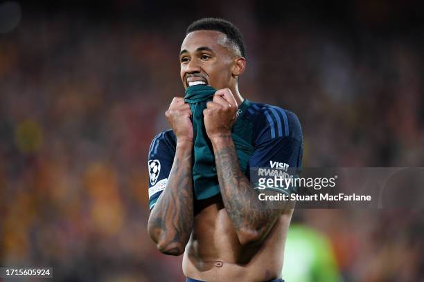 Gabriel of Arsenal looks dejected following the team's defeduring the UEFA Champions League match between RC Lens and Arsenal FC at Stade...